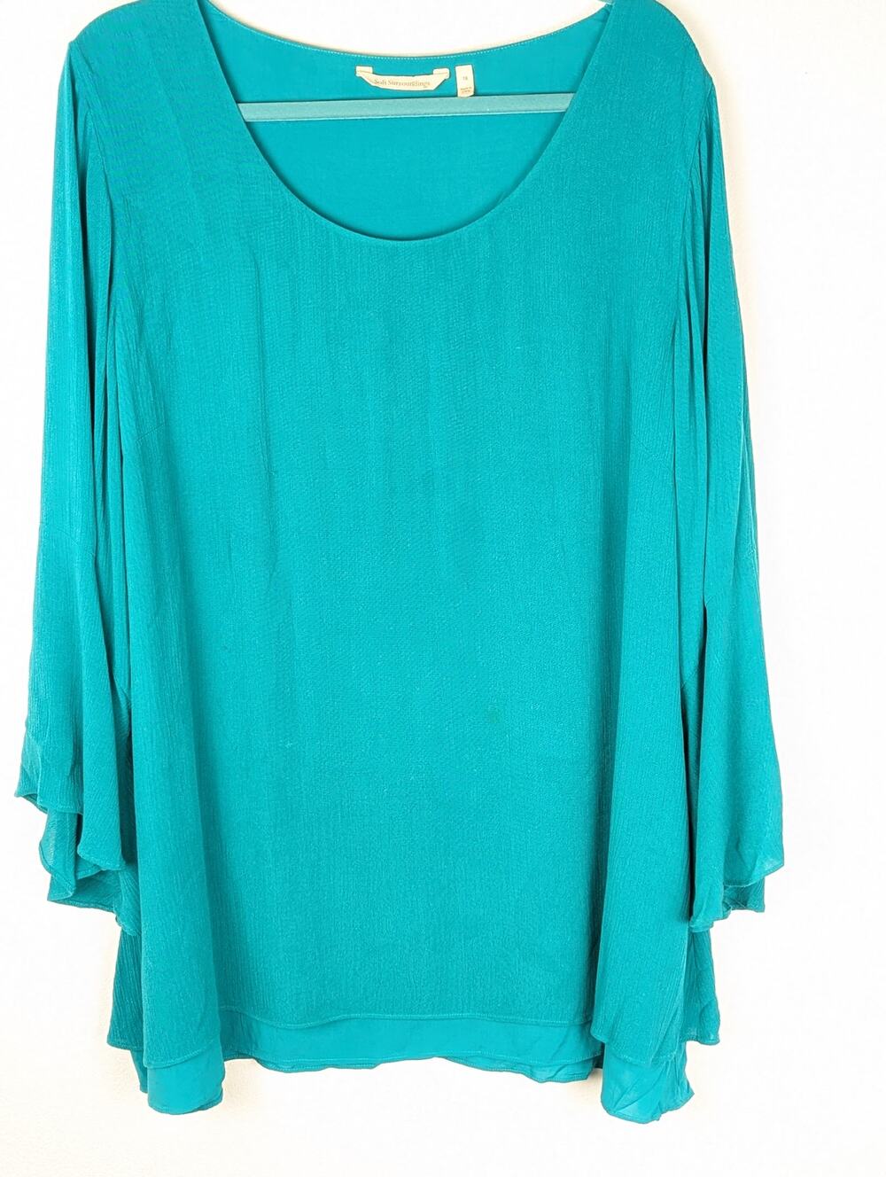 Soft Surroundings Teal Aqua Crinkle Gauze Double Layer Tunic Top 1X Bell Sleeve